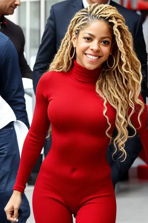  Shakira is beautiful, smiling happily, wearing a red wool bodysuit standing next to a red supercar