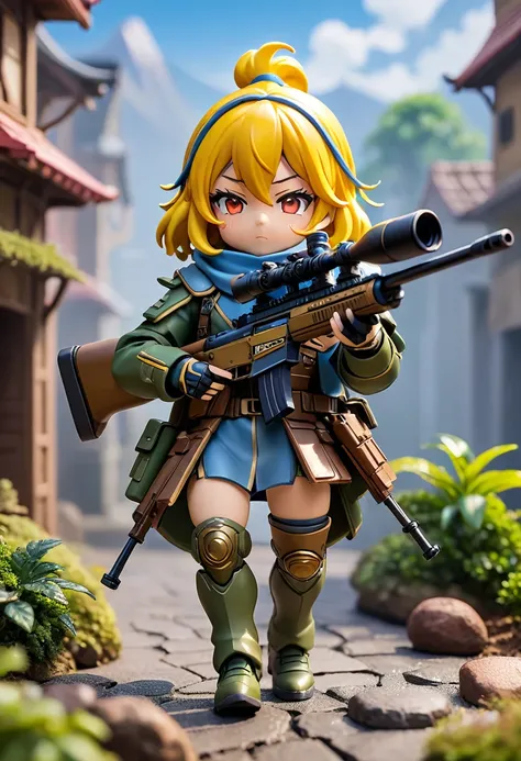 Esbian all over、Cool One-Eyed Giant、Pop One-eyed Giant、Villain、Diorama、Simple Background、armor、holding a sniper rifle、Best Quality, Capture the cutest moments, Depth of written boundary, Super detailed, Ultra-high resolution, Octadale, 8k, 16km race