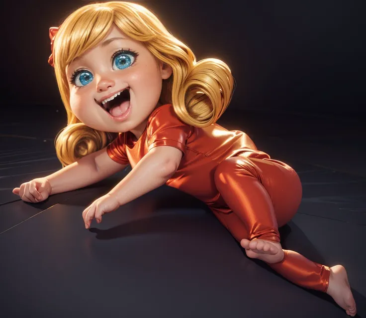 (masterpiece), (best quality), (ultra-detailed), (full body:1.2), A cartoon girl with blonde hair, blue eyes, and a red dress is lying on the ground. Super cute, Baby, Pixar, Baby in yellow blouse, turquoise top and a red skirt, sitting on the floor, Big b...