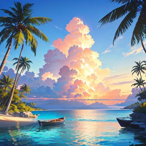 tropical beach with palm trees and a boat, stunning beach, 4k highly detailed digital art, beautiful artistic uhd 4k, 4k wallpaper, 4k wallpaper, extremely detailed 4k high resolution wallpaper, beautiful magical palm beach, stunning wallpaper, tropical be...