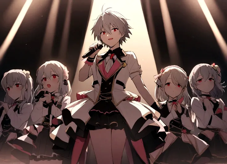 masterpiece, best quality, evangelion kaworu nagisa, kaworu nagisa, 1boy, red eyes, seductive, hot, cute, idol, cute idol clothes, alot of accessories, idol group member, (center, in middle, spotlight only middle), on stage, the prettiest member, multiple ...