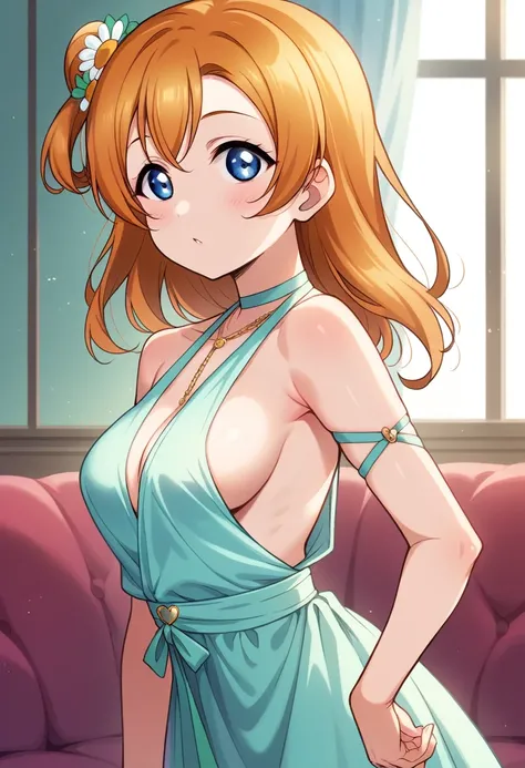 Honoka kousaka love live, blue eyes, orange hair,hair flower, solo, Fashion ,sideboobs, boobgasm, bshoulders, perfect eyes, Perfect iris，Perfect skin，Soft front light，Casual，indoors；（pastel colour:1.2）, halter neck,thin straps , sexy, cowboy shot