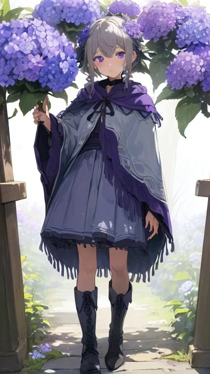 (masterpiece、最high quality、high quality)、(masterpiece、最high quality、high quality)、((((dramatic)))、(((intense)))Hydrangea growing from his face、Girl、Gray Hair、Blue bristles、Purple Eyes、Fantasy、Wearing a poncho、skirt、Analog Touch、Fantasy装飾、boots