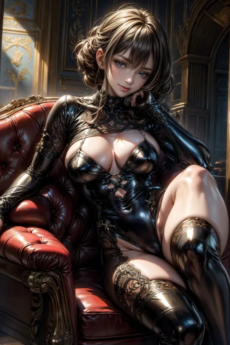 nsfw、(masterpiece, Highest quality, Super detailed:1.3), Perfect composition, 4K, (Very detailed, Super detailed), Patent leather leotard、Enamel Shorts、Long gloves、Knee-high boots, High resolution, 8k Texture, Attention to detail, Very detailed肌の質感, Magnif...