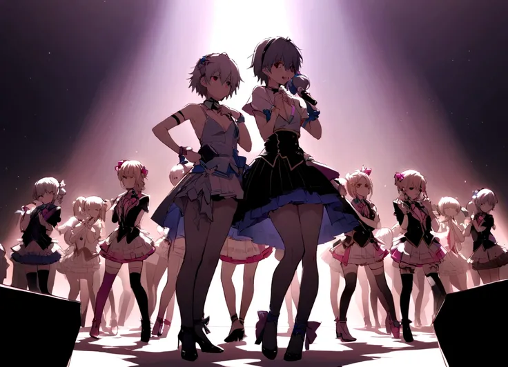 masterpiece, best quality, evangelion kaworu nagisa, kaworu nagisa, genderbend, seductive, hot, cute, idol, cute idol clothes, alot of accessories, idol group member, (center, in middle, spotlight only middle), on stage, the prettiest member, multiple memb...