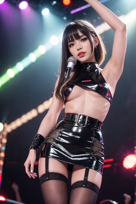 (-nsfw), (-microphone), Thai idol, sparkling scene, cinematic light, ultra detailed face, ultra detailed slender body, platinum blonde with bangs, tanned, very detailed ivory skin, plump lips with bright red lipstick, smokey makeup, black mascara, small br...