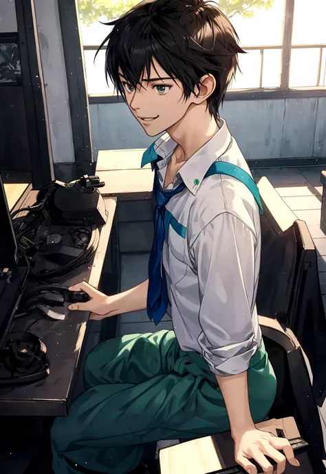 Makoto Shinkai-style student summer　Passionate boys and girls wearing e-sports headsets　anime　smile
