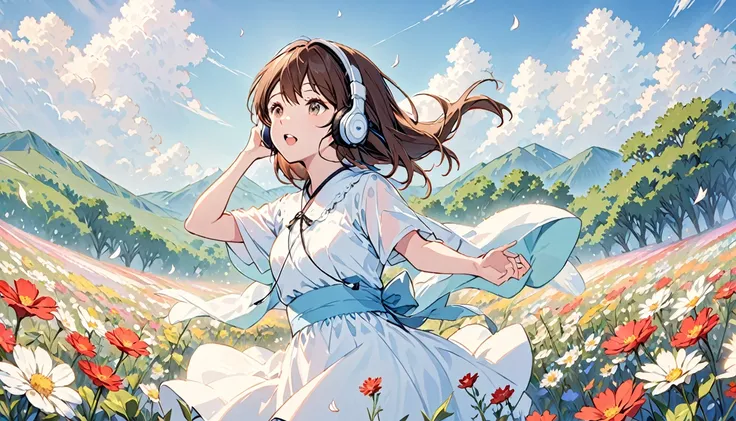 Girl wearing headphones,Singing in a flower field,Brown Hair,One girl,bright