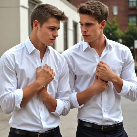 2 hot guys, wearing a white button up shirt, detailed, hotbromance 16 years old