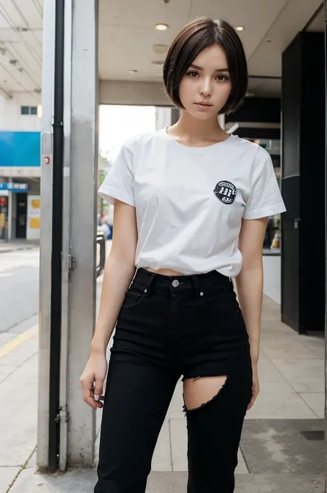 female anime character black jeans white simple black shirt wearing pretzel bag short brown hair 
