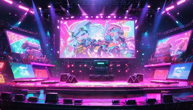 Concert atmosphere on stage, robot style sound system, neon lights, robots, 80s neon lights, large stage.