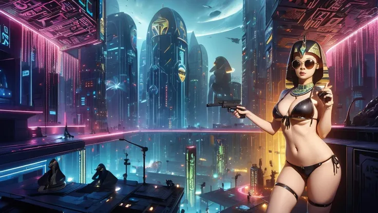 (((a large-breast bikini slim GIRL with black micro sunglasses))), (((aiming at viewer with a pistol))), a balcony of a futuristic building, aerial view of an ultra-futuristic megalopolis, many metal buildings and houses in dark colors from dark blue to bl...