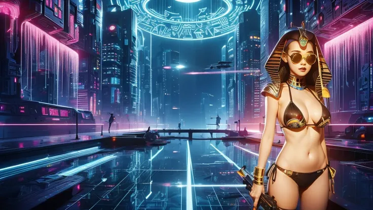 (((a large-breast bikini slim GIRL with black micro sunglasses))), (((aiming at viewer with a pistol))), a balcony of a futuristic building, aerial view of an ultra-futuristic megalopolis, many metal buildings and houses in dark colors from dark blue to bl...