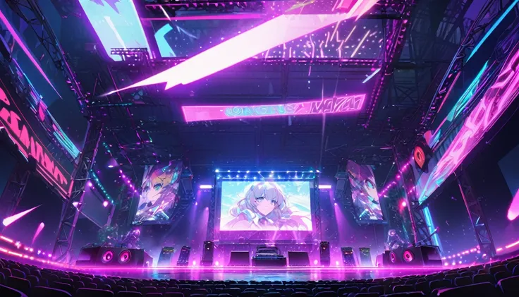 Very clear picture, complete details, concert atmosphere on stage, robot-style sound system, neon lights, robots, 80s neon lights, large stage.