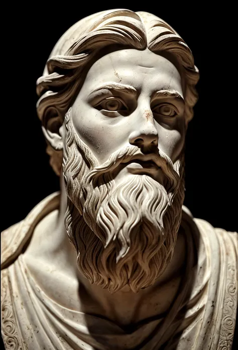 1girl,ancient greek philosopher, male with a beard, white statue, deep introspective gaze,piercing eyes,chiaroscuro lighting,dra...