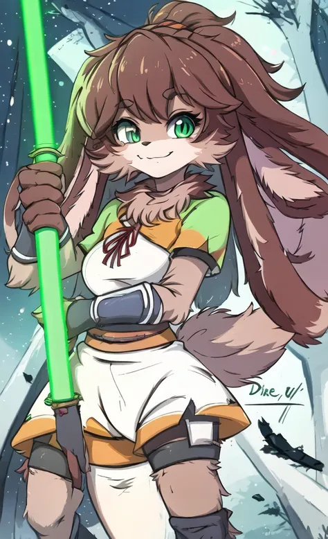 (masterpiece, best quality: 1.2), solo, 1girl, Lop, smile, looking at the viewer, lightsaber, hands on dark saber, green lightsaber, realistic lightsaber