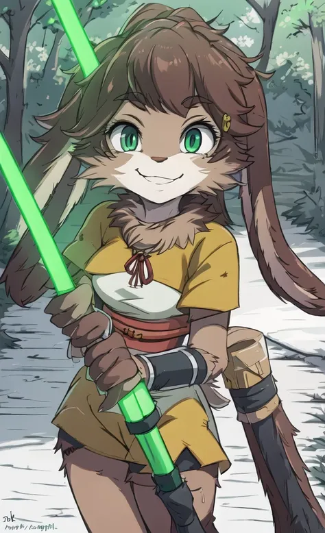 (masterpiece, best quality: 1.2), solo, 1girl, Lop, smile, looking at the viewer, lightsaber, hands on dark saber, green lightsaber, realistic lightsaber