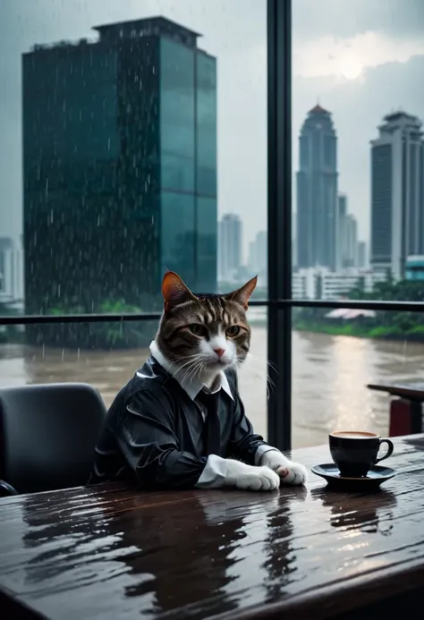 a drunk cat in long sleeve shirt chill out at the office building  , coffee on the table , look out of the windows , raining day...