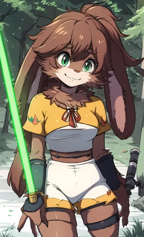 (masterpiece, best quality: 1.2), solo, 1girl, Lop, smile, looking at the viewer, lightsaber, green lightsaber, realistic lightsaber