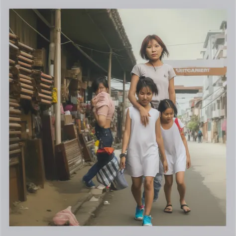 trespassing of village shot, and holding the singapore stars, rundown street in stina town, with vendors selling traditional ros...