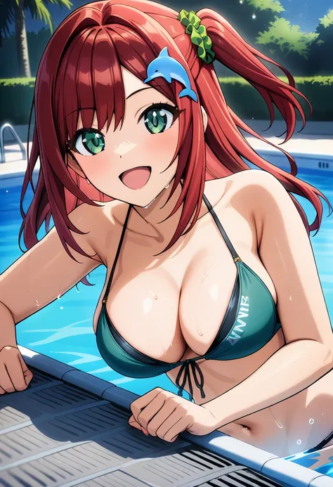 1girl, sakimiya iruka, dolphin wave, red hair, one side up, green scrunchie, hair ornament, green eyes, 
bikini, smile, 
pool, 
...