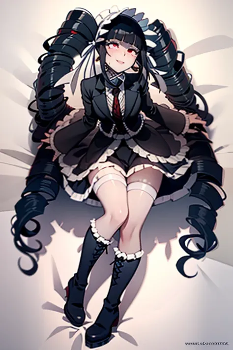 hot seductive mature woman, celestia ludenberg, pale, busty body, fluffy black pigtails, choker, black boots, blushing a lot on ...