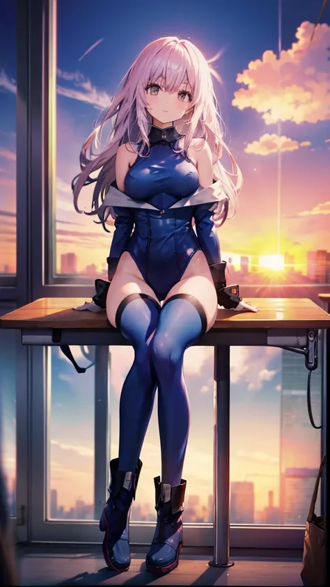 sit at a desk，classroom，sunset，high leg，leotard，boots，high resolution，overall image，