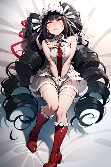 hot seductive mature woman, celestia ludenberg, pale, busty body, fluffy black pigtails, choker, black boots, blushing a lot on ...