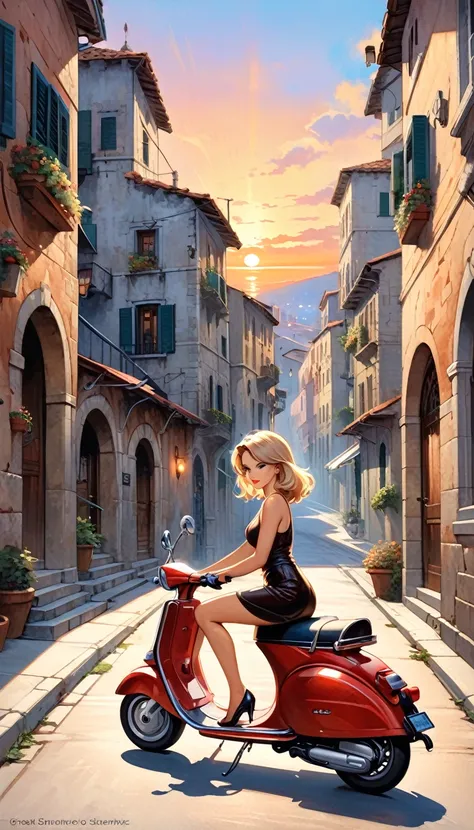 street of a classic Italian stone town: 1.5, sunrise, great detail of buildings, towers, 1girl, pretty 1girl on 1scooter in the scene (art inspired by Bill Sienkiewicz). oil painting)
