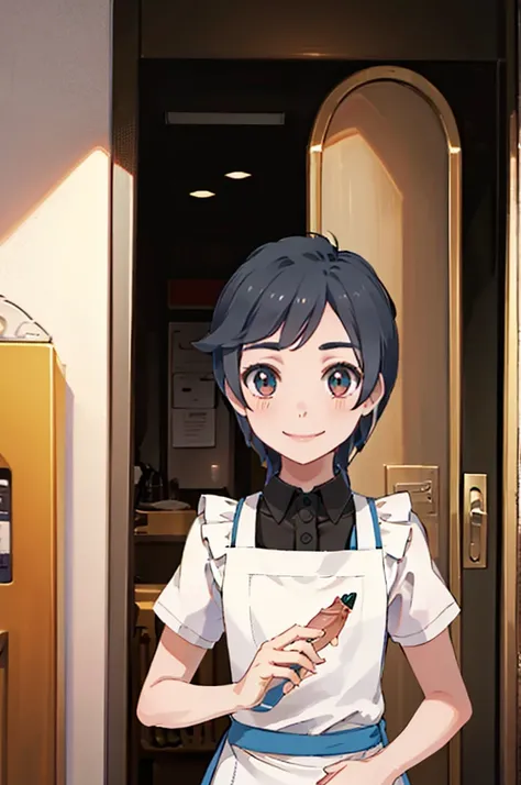 Detailed image, high quality, boy, Elio, cute, elevator, Cafe staff, apron, medium penis, smile, flaccid cock,  Dressed, just penis, Upper Body, sole boy,