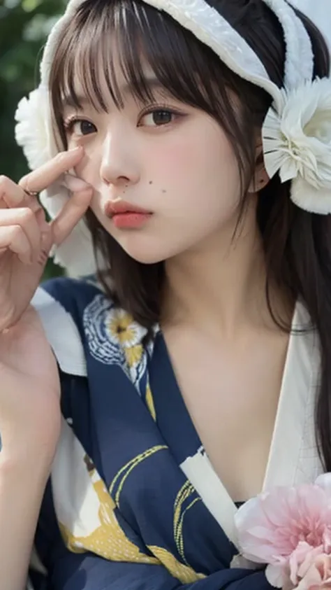 (((ultra-high resolution、close-up、cute japanese woman)))、long, straight black hair frames her face、so that every single hair is ...