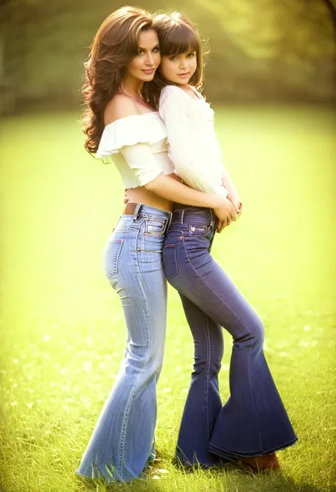 young mother with daughter in jeans with flounce in park, sexy pose, deep focus, vintage film grain, color correction retro styl...