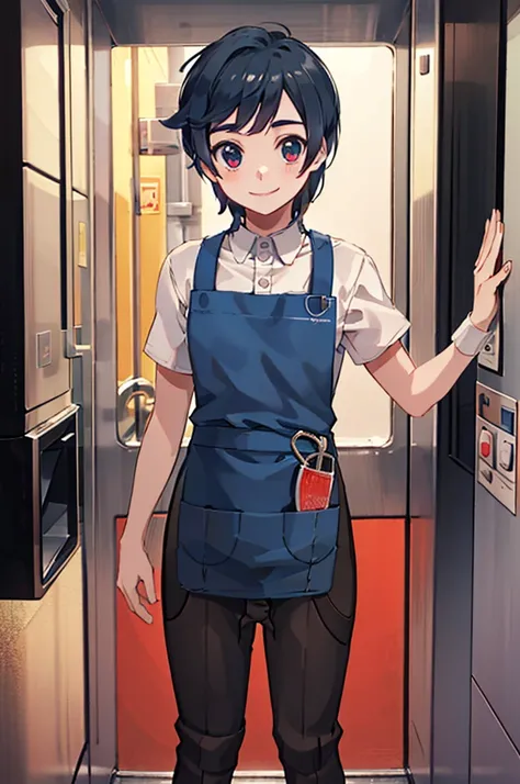 Detailed image, high quality, boy, Elio, cute, elevator, Cafe staff, family apron, medium penis, smile, flaccid cock, Dressed, just penis, sole boy, up focus, 