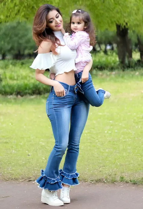 young mother with daughter in jeans with flounce in park, sexy pose