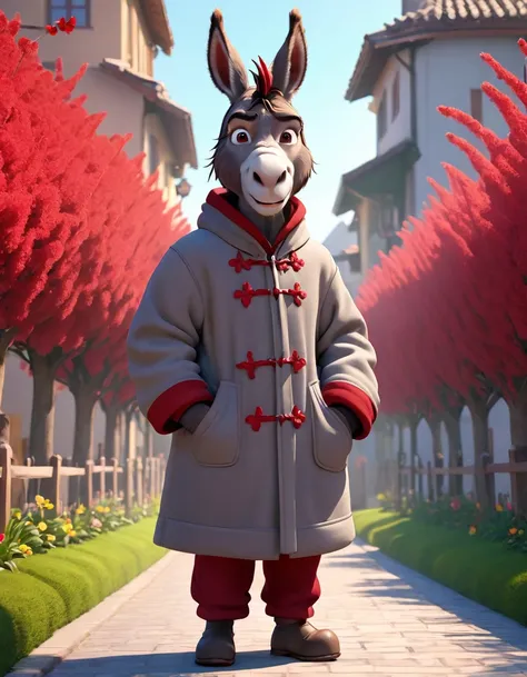 3d，c4d，disney animation art，personification，donkey man，donkey-headed people，wearing a thick cotton coat with northeastern red fl...