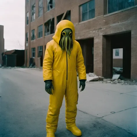 horror-themed,  in an ancient and mysterious city a person wearing a yellow helmet with yellow spikes on it carcosa city style, ...