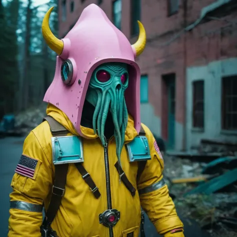 horror-themed,  in an ancient and mysterious city a person wearing a yellow helmet with pink dark spikes on it carcosa city styl...