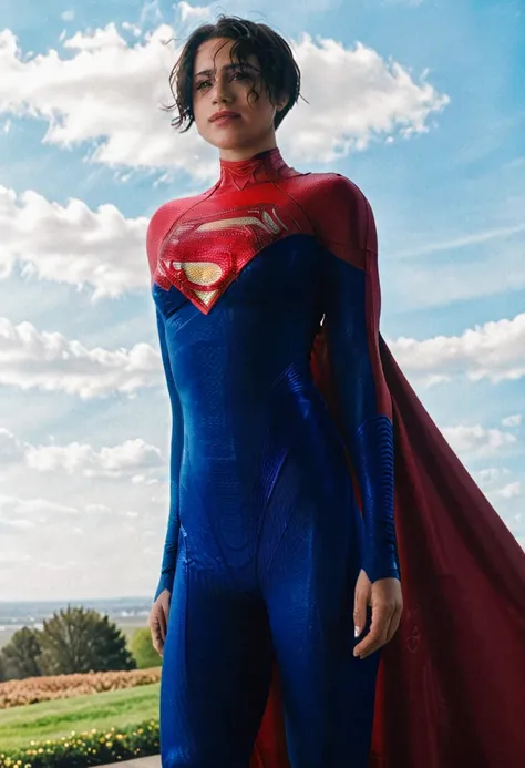 photo of supergirl, short hair, bodysuit, cape, outdoors sunny day, background sky, analog style (look at viewer:1.2) (skin texture), Fujifilm XT3, DSLR, 50mm 