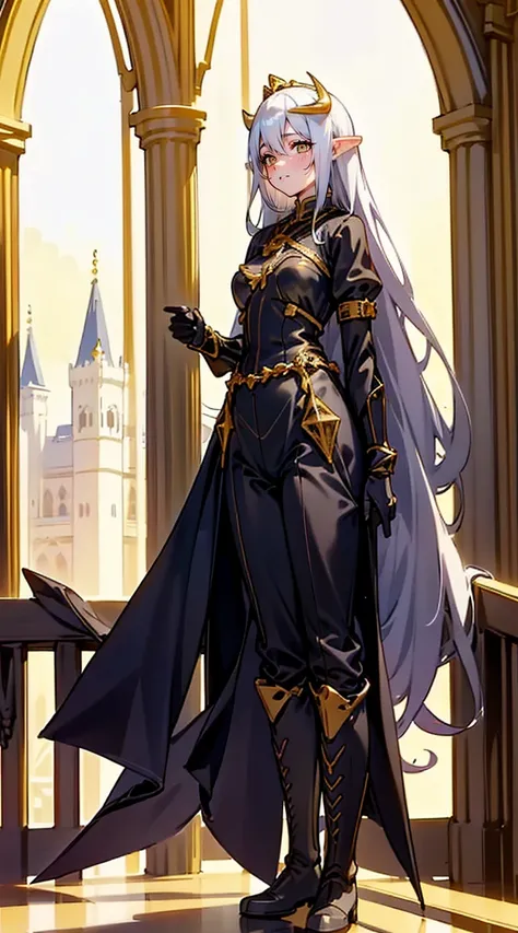 1 girl,20 years,One,happy face,black and gold long dress,middle ,White hair,long hair,yellow eyes,Elf Ears, black small horns,white tights,Detailed long boots,golden tiara,Luxurious gold jewelry,(((standing on the porch of the castle)))