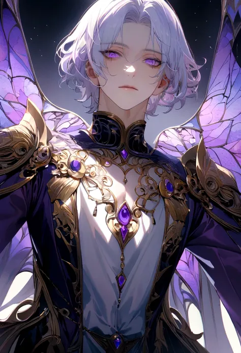 (extreamly delicate and beautiful:1.2), 8K,(masterpiece:1.0),(best_quality:1.0), 1boy, and intricate detailing, Enlarged textures, and intricate detailing, finely eye and detailed face, and intricate detailing, lilac short hair, (closed mouths), Perfect ey...