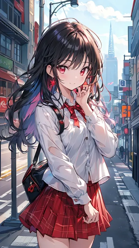 (masterpiece, highest quality, highest quality, (No text), Beautiful and aesthetic:1.2),No text,アニメ、BREAK,One Girl，Black Hair Girl　Tree Eyes　Beautiful eyes　Red eyes　cool　smile　Red and Black　mini skirt　Whole body　Detailed eyes and face　Night in the city