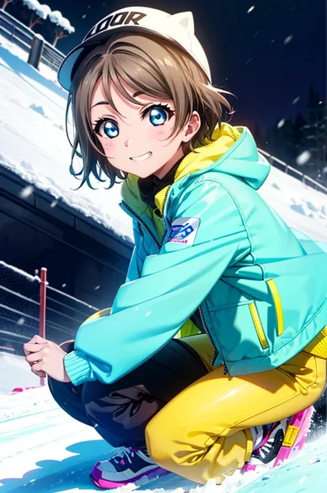 Yo Watanabe, Watanabe Yo, short hair, blue eyes, Brown Hair, smile, Grin,Yellow Wear、Outerwear is blue、Red trousers),sneakers,Snowboarding down a ski slope,whole bodyがイラストに入る,
break ourdoors, Snow Mountain,
break looking at viewer, whole body,(Cowboy Shot:...