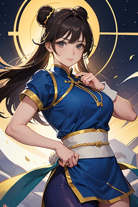 Chun-Li from Street Fight II,perfect chun li costume,blue cheongsam with gold lines,Bun head,Good cover,fighting pose,masterpiece、1 beautiful girl、fine eyes、puffy eyes、highest quality, 超High resolution, (reality: 1.4), movie lighting、Japanese、Asian Beauty、...