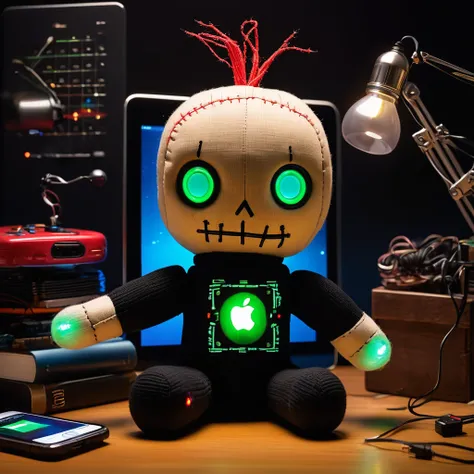 (knitted toy voodoo doll:1.7), (Voodoo Steve Jobs:1.2), (Clothing: black turtleneck with glowing apple symbols:1.0), (Accessories: enchanted iPhone emitting sparks of innovation magic, levitating spectral circuit boards:1.1), (background: high-tech office ...