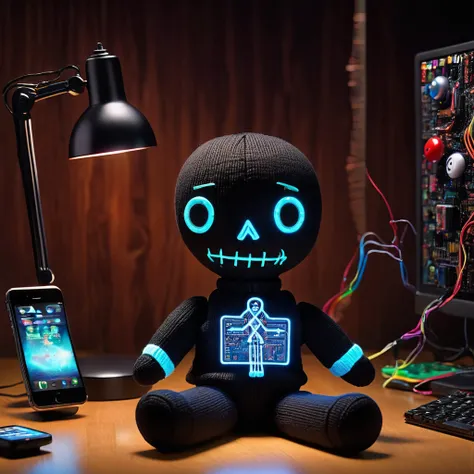 (knitted toy voodoo doll:1.7), (Voodoo Steve Jobs:1.2), (Clothing: black turtleneck with glowing apple symbols:1.0), (Accessories: enchanted iPhone emitting sparks of innovation magic, levitating spectral circuit boards:1.1), (background: high-tech office ...