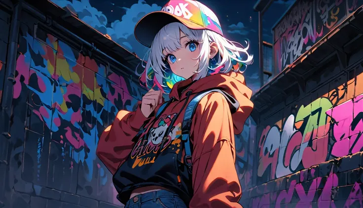 HD 8K Handsome cute, Solitary, 1 female, Medium Length Hair, white hair, Rainbow hair, blue Eyes, Rainbow headphone, hoodie, colored hoodie, Trucker Hat, hip-hop style big hooded jacket, denim shorts, Human focus, outdoor, White clouds in the night, HD 8K ...