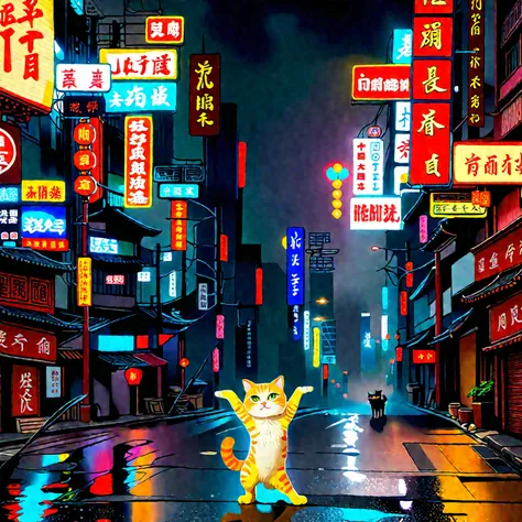 There is a ginger cat standing with hands raised on the road, Covered with Chinese advertisements, Powerful vfx at night in the city, Chinatown Blade Runner, digital anime painting style