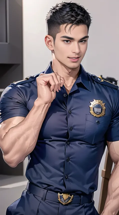 handsome man sit on the table ,(crew cut short hair:1.2),black eye,smile,open mouth (navy police uniform:1.2),(shirt short sleev...