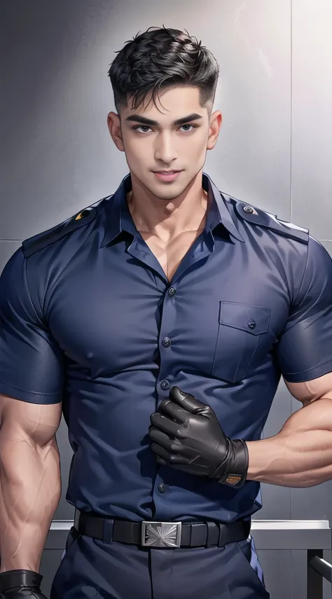 handsome man sit on the table ,(crew cut short hair:1.2),black eye,smile,open mouth (navy police uniform:1.2),(shirt short sleev...