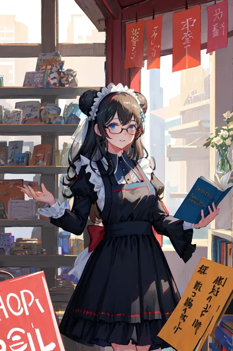 sagisawa fumika, 1girl, solo, bookshelf, blue eyes, black hair, alternate costume, maid headdress, apron, enmaided, smile, juliet sleeves, dress, long sleeves, puffy sleeves, bespectacled, looking at viewer, book, maid apron, single hair bun, breasts, libr...